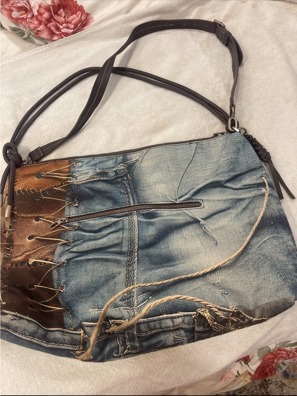 Desigual Blue Denim-Style Hobo with Brown Patchwork Accents - Picture 7 of 8